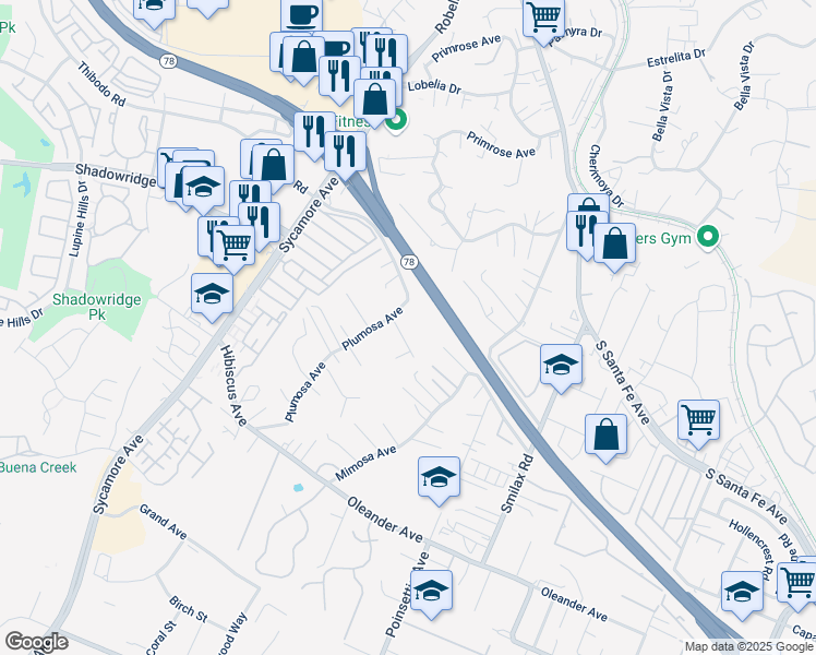 map of restaurants, bars, coffee shops, grocery stores, and more near 540 Plumosa Avenue in Vista