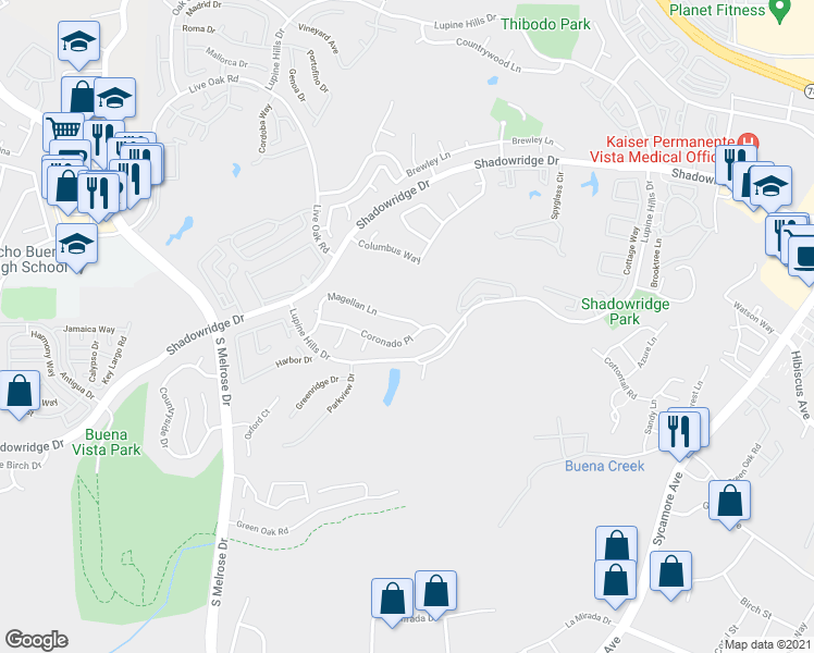 map of restaurants, bars, coffee shops, grocery stores, and more near 2558 Magellan Lane in Vista