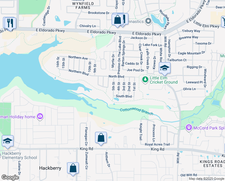 map of restaurants, bars, coffee shops, grocery stores, and more near 105 5th Street in Little Elm