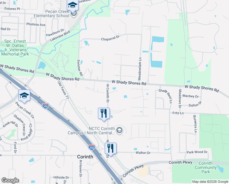map of restaurants, bars, coffee shops, grocery stores, and more near 1121 North Corinth Street in Corinth