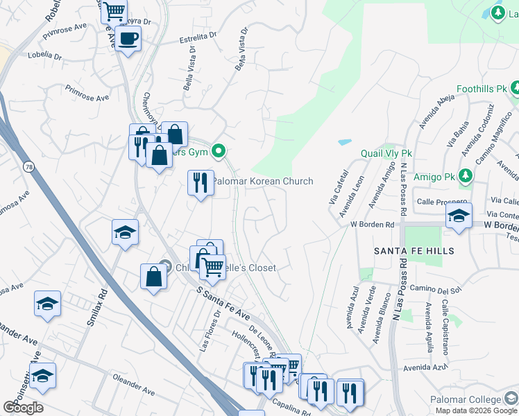 map of restaurants, bars, coffee shops, grocery stores, and more near 894 Via La Venta in San Marcos