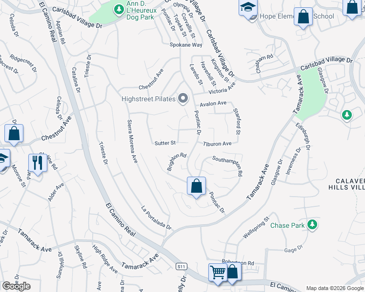 map of restaurants, bars, coffee shops, grocery stores, and more near 2663 Sutter Street in Carlsbad