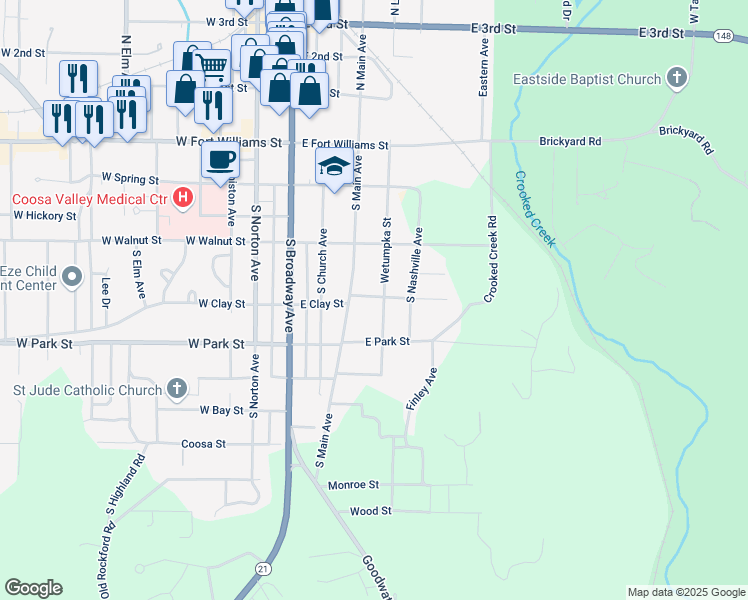 map of restaurants, bars, coffee shops, grocery stores, and more near 214 Blackmon Street in Sylacauga