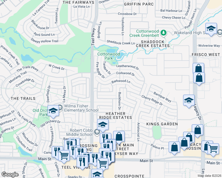 map of restaurants, bars, coffee shops, grocery stores, and more near 9982 Madrone Drive in Frisco