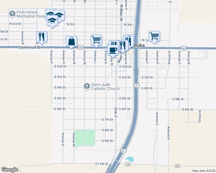 map of restaurants, bars, coffee shops, grocery stores, and more near 1628 South 4th Street in Tahoka