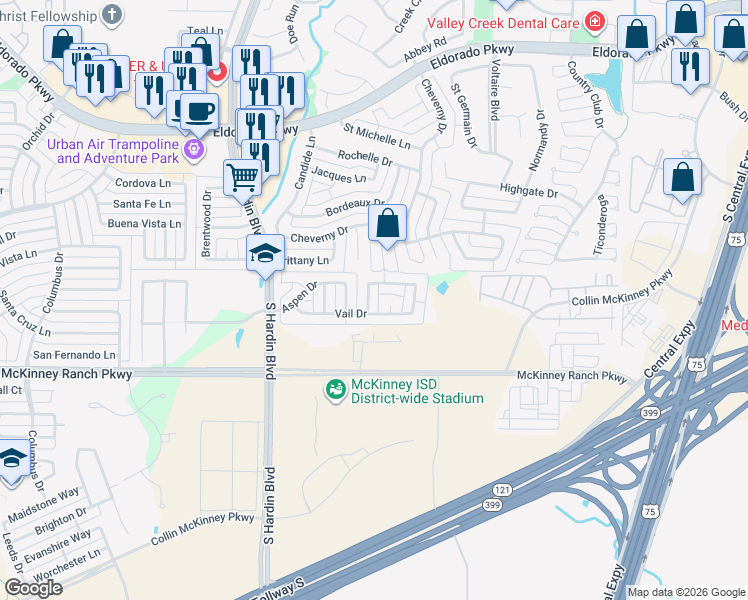 map of restaurants, bars, coffee shops, grocery stores, and more near 3417 Pueblo Drive in McKinney