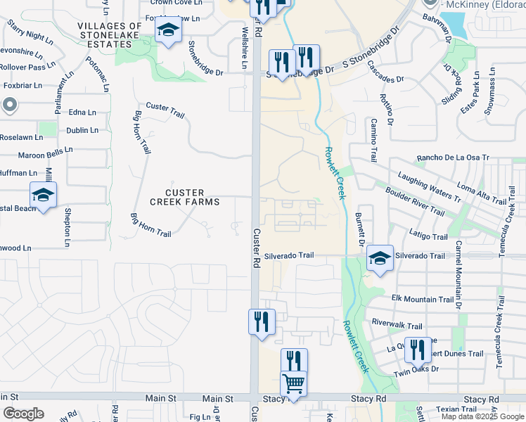 map of restaurants, bars, coffee shops, grocery stores, and more near 4101 South Custer Road in McKinney