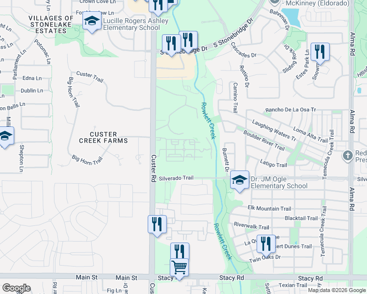 map of restaurants, bars, coffee shops, grocery stores, and more near 4101 South Custer Road in McKinney