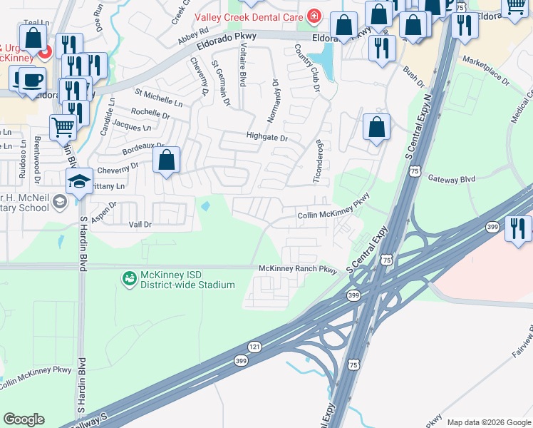 map of restaurants, bars, coffee shops, grocery stores, and more near 2580 Collin McKinney Parkway in McKinney