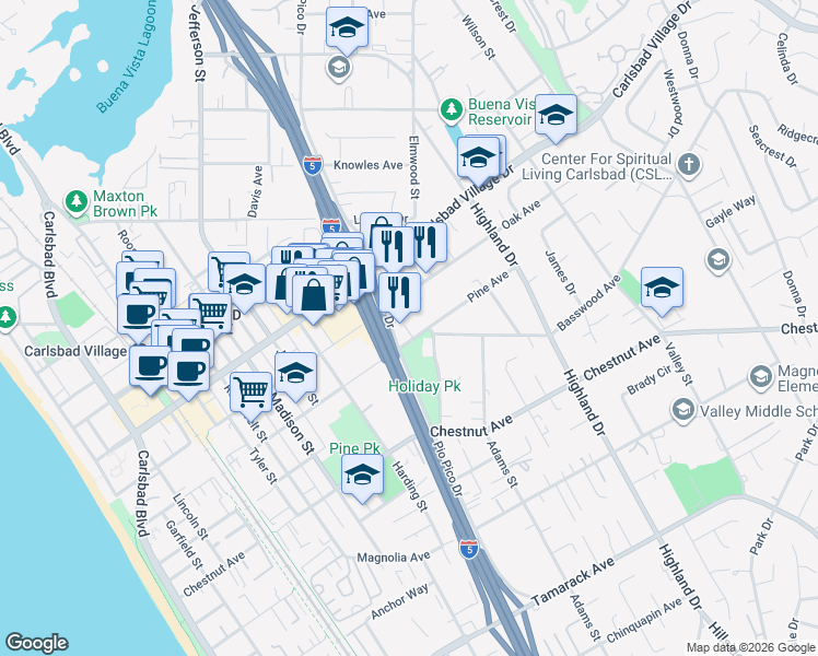 map of restaurants, bars, coffee shops, grocery stores, and more near 1109 Oak Avenue in Carlsbad