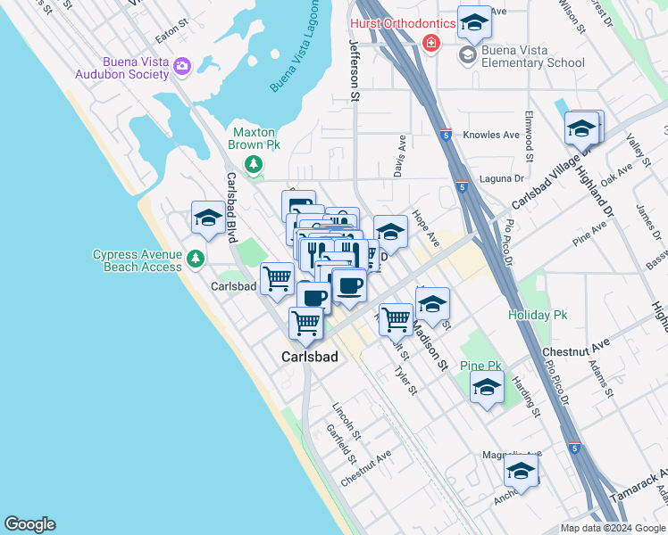 map of restaurants, bars, coffee shops, grocery stores, and more near 2785 Roosevelt Street in Carlsbad