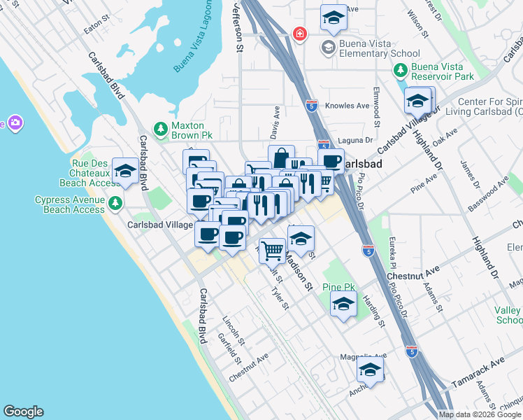 map of restaurants, bars, coffee shops, grocery stores, and more near 785 Grand Avenue in Carlsbad