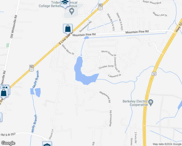map of restaurants, bars, coffee shops, grocery stores, and more near 341 Cicadas Song Drive in Moncks Corner