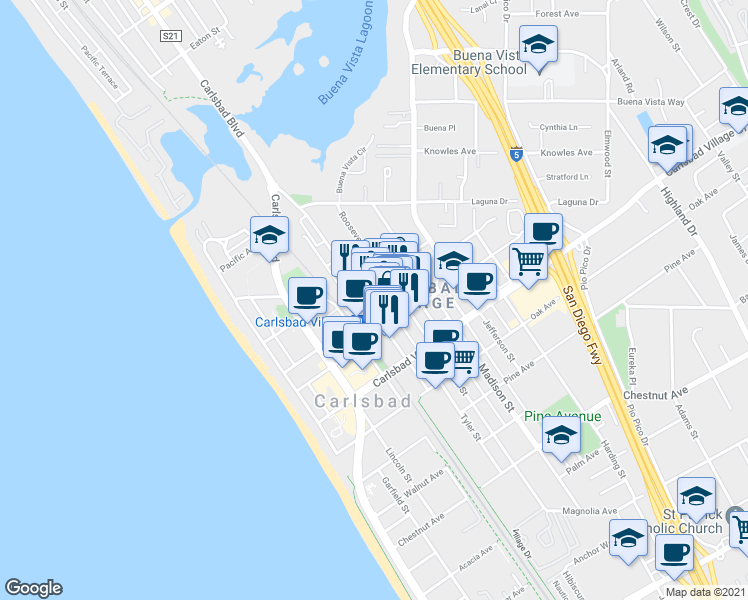 map of restaurants, bars, coffee shops, grocery stores, and more near 2780 State Street in Carlsbad