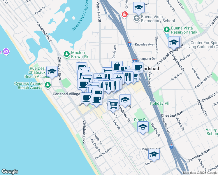 map of restaurants, bars, coffee shops, grocery stores, and more near 725 Grand Avenue in Carlsbad