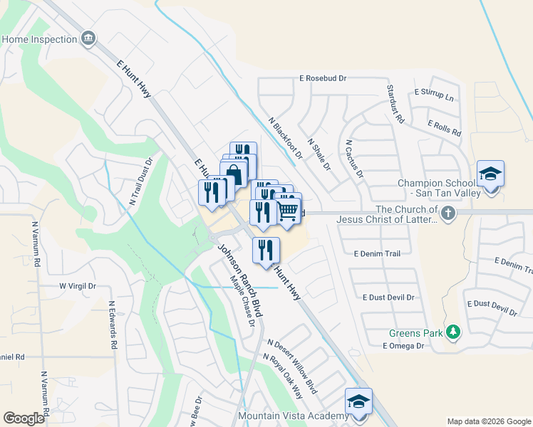 map of restaurants, bars, coffee shops, grocery stores, and more near 433 East Bella Vista Road in San Tan Valley