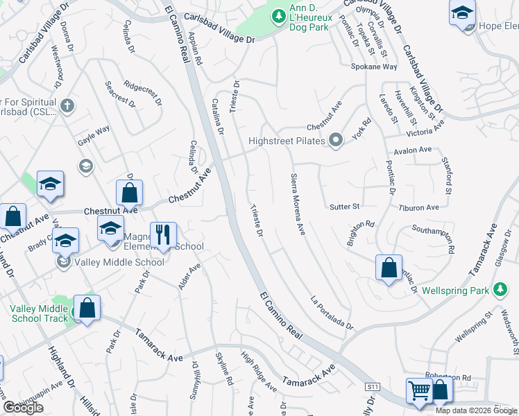 map of restaurants, bars, coffee shops, grocery stores, and more near 3870 Trieste Drive in Carlsbad