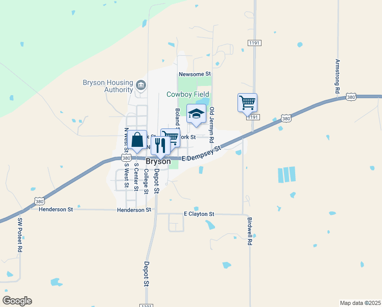 map of restaurants, bars, coffee shops, grocery stores, and more near 103 McCloud Street in Bryson