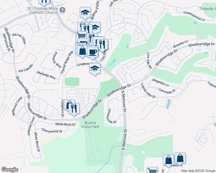 map of restaurants, bars, coffee shops, grocery stores, and more near 1851 South Melrose Drive in Vista