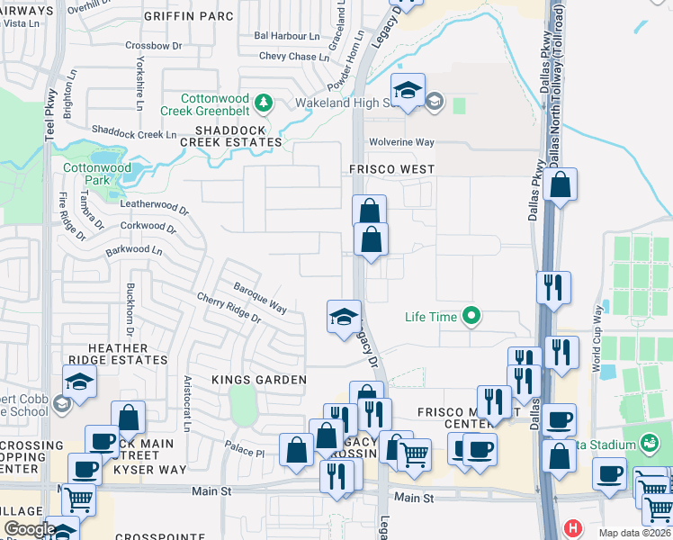 map of restaurants, bars, coffee shops, grocery stores, and more near 10079 Tate Lane in Frisco