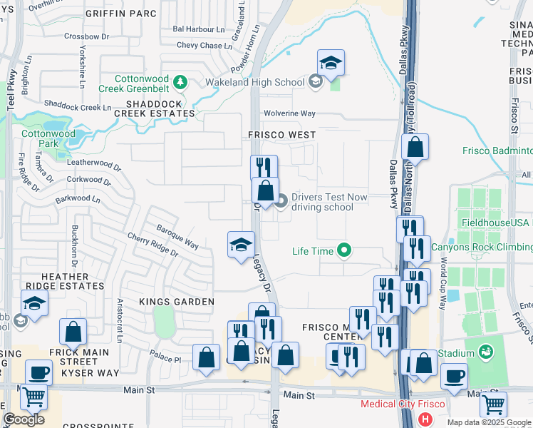 map of restaurants, bars, coffee shops, grocery stores, and more near 10050 Legacy Drive in Frisco