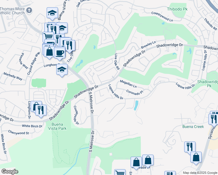 map of restaurants, bars, coffee shops, grocery stores, and more near 2692 Magellan Lane in Vista