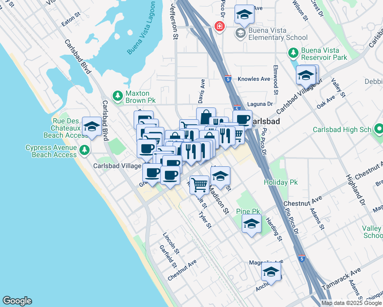 map of restaurants, bars, coffee shops, grocery stores, and more near 2910 Jefferson Street in Carlsbad