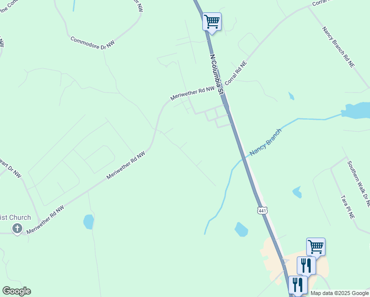 map of restaurants, bars, coffee shops, grocery stores, and more near 129 Red Oak Trail in Milledgeville