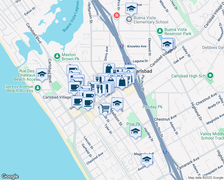 map of restaurants, bars, coffee shops, grocery stores, and more near 880 Carlsbad Village Drive in Carlsbad