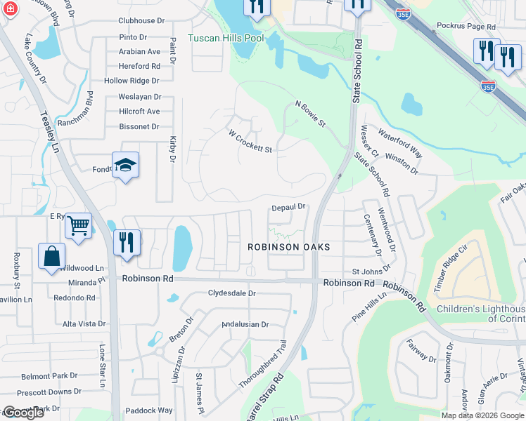 map of restaurants, bars, coffee shops, grocery stores, and more near 3700 Drexel Drive in Denton