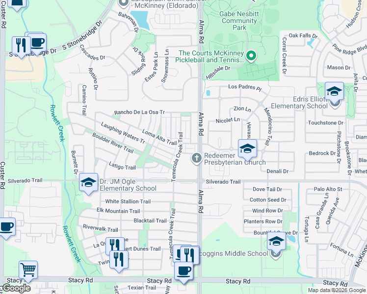 map of restaurants, bars, coffee shops, grocery stores, and more near 3701 Temecula Creek Trail in McKinney