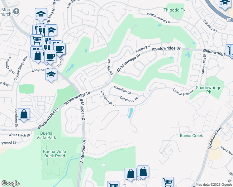 map of restaurants, bars, coffee shops, grocery stores, and more near 2640 Coronado Place in Vista