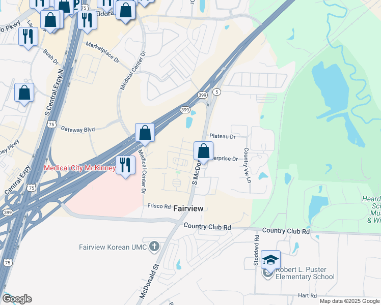 map of restaurants, bars, coffee shops, grocery stores, and more near 2300 South McDonald Street in McKinney