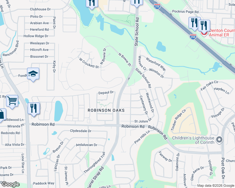 map of restaurants, bars, coffee shops, grocery stores, and more near 3709 Miramar Drive in Denton