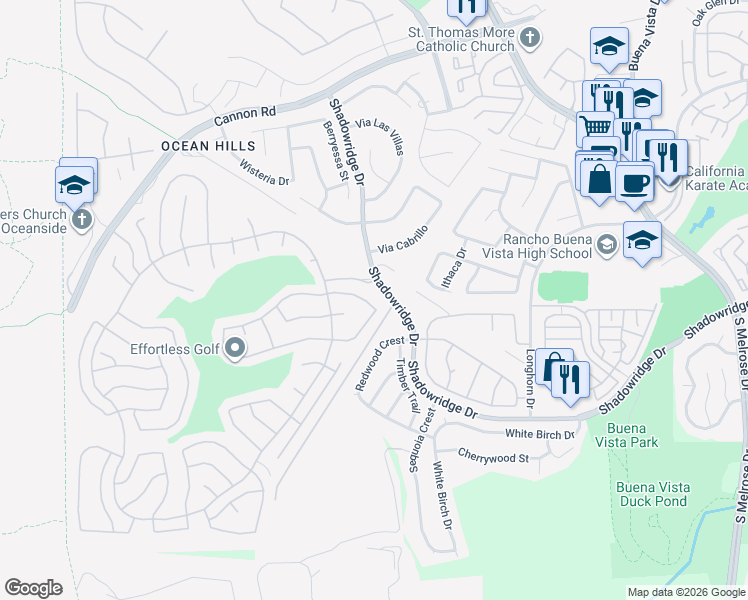 map of restaurants, bars, coffee shops, grocery stores, and more near 6056 Piros Way in Oceanside