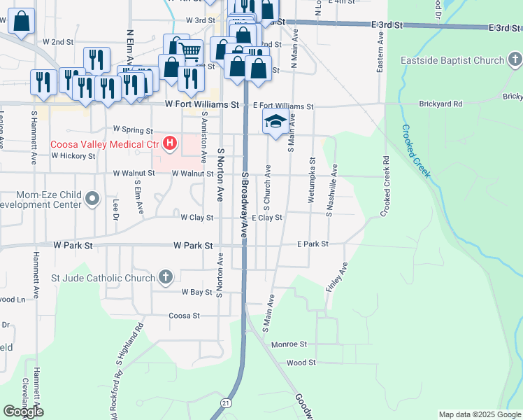 map of restaurants, bars, coffee shops, grocery stores, and more near 16 East Clay Street in Sylacauga