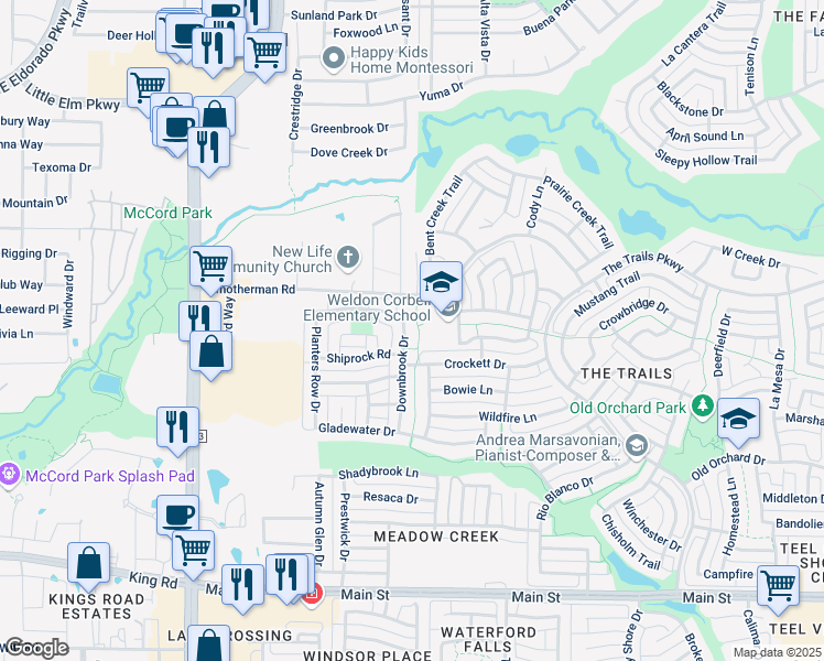 map of restaurants, bars, coffee shops, grocery stores, and more near 11068 Downbrook Drive in Frisco