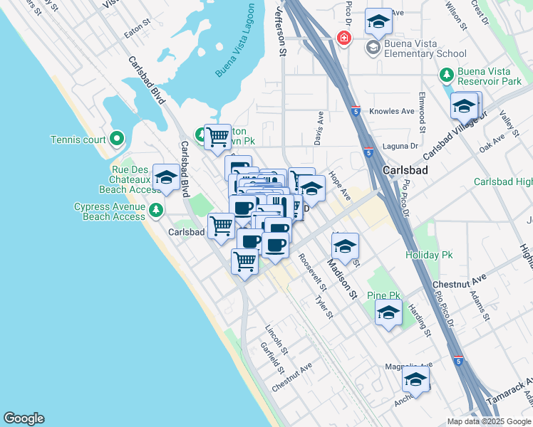 map of restaurants, bars, coffee shops, grocery stores, and more near 2785 Roosevelt Street in Carlsbad