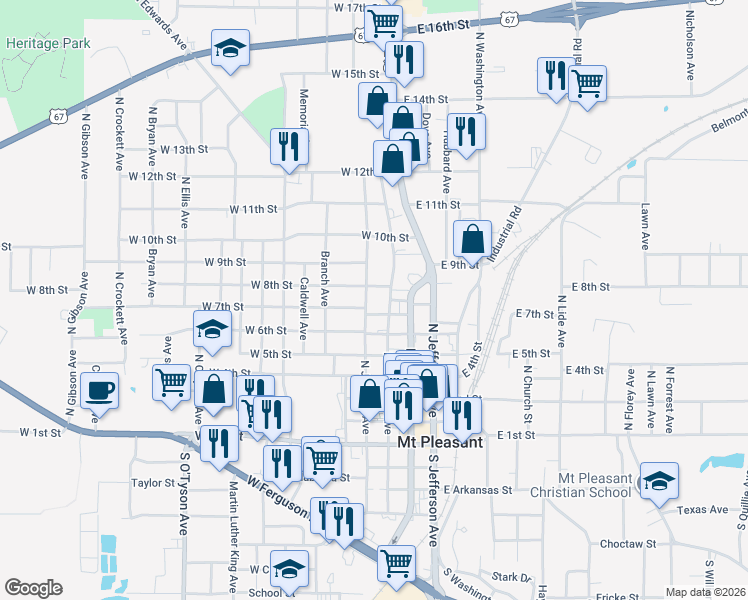 map of restaurants, bars, coffee shops, grocery stores, and more near 316 West 7th Street in Mount Pleasant
