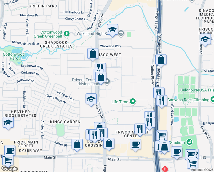 map of restaurants, bars, coffee shops, grocery stores, and more near 4645 Wyndham Lane in Frisco