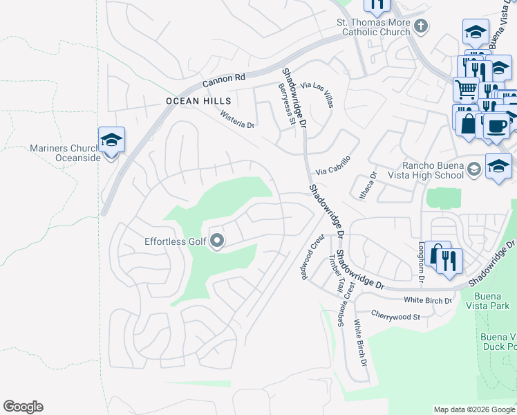 map of restaurants, bars, coffee shops, grocery stores, and more near 5061 Corinthia Way in Oceanside