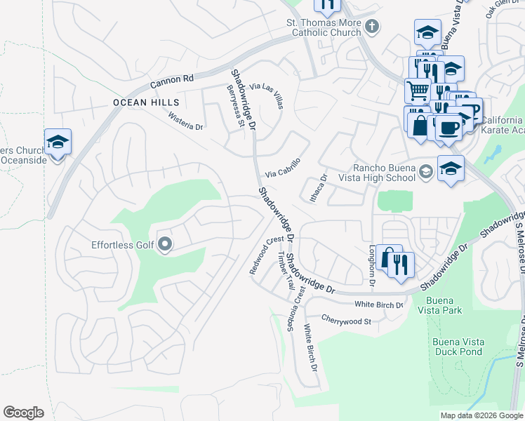 map of restaurants, bars, coffee shops, grocery stores, and more near 6056 Piros Way in Oceanside