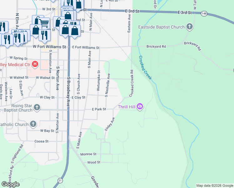 map of restaurants, bars, coffee shops, grocery stores, and more near 504 Blackmon Street in Sylacauga