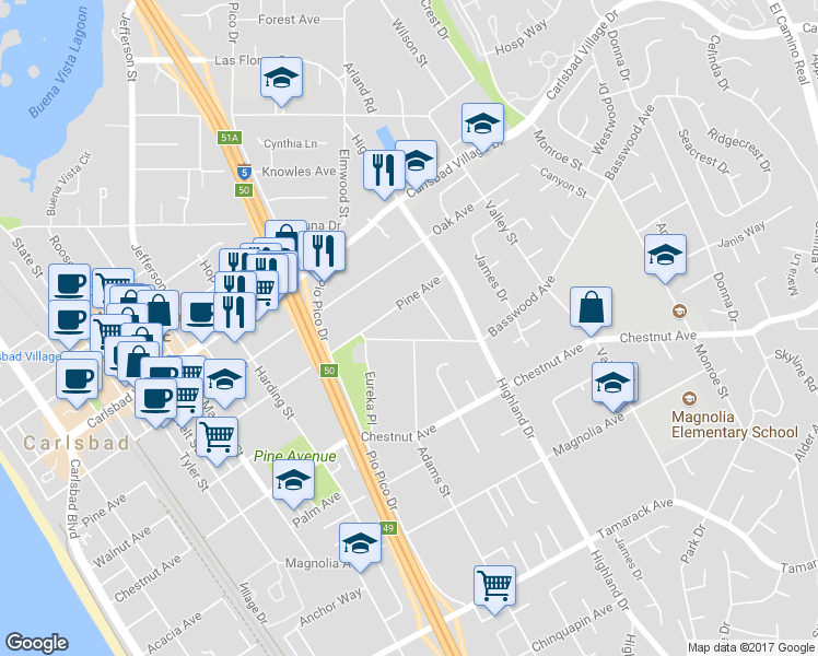 map of restaurants, bars, coffee shops, grocery stores, and more near 1300 Basswood Ave in Carlsbad