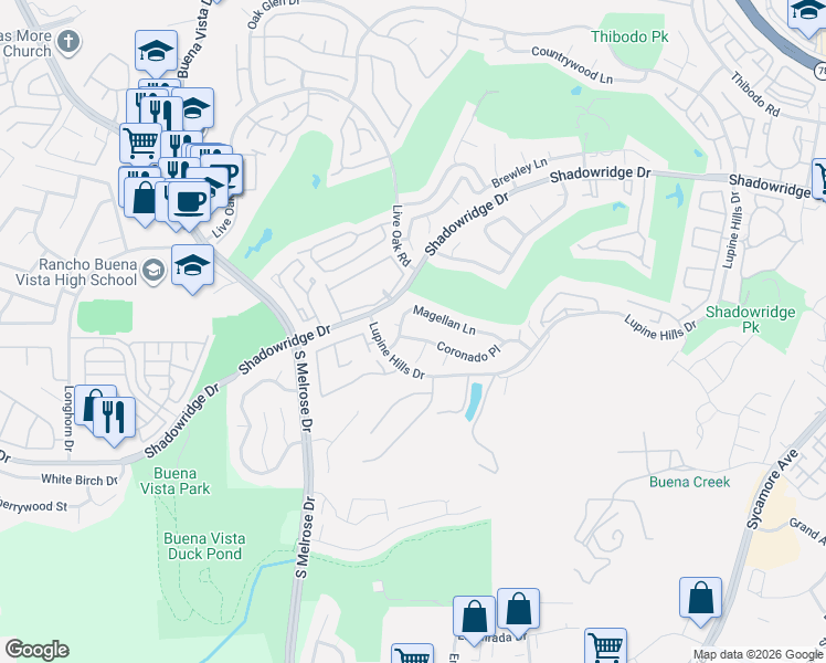 map of restaurants, bars, coffee shops, grocery stores, and more near 2652 Coronado Place in Vista