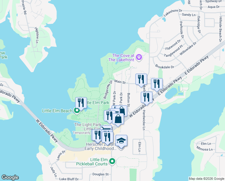 map of restaurants, bars, coffee shops, grocery stores, and more near 156 Bridgeview Drive in Little Elm