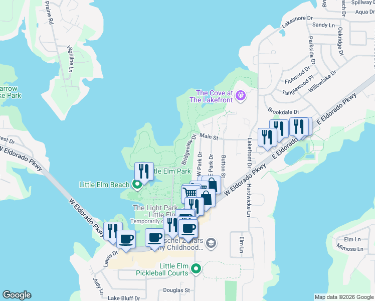 map of restaurants, bars, coffee shops, grocery stores, and more near 156 Bridgeview Drive in Little Elm