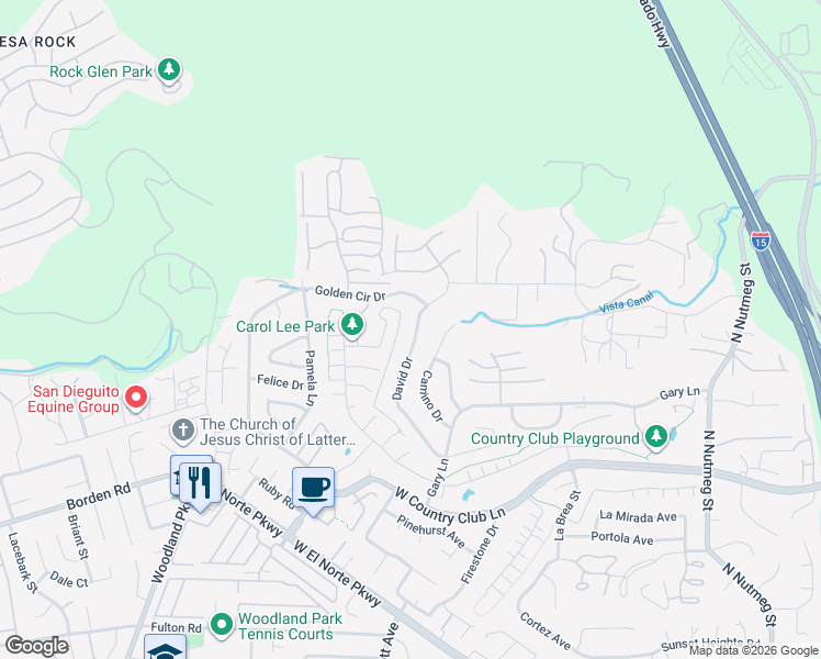 map of restaurants, bars, coffee shops, grocery stores, and more near 2011 David Drive in Escondido