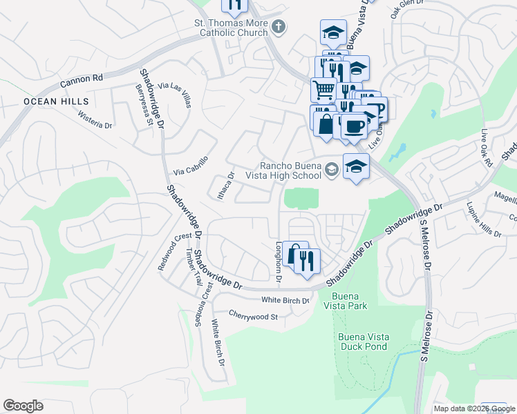 map of restaurants, bars, coffee shops, grocery stores, and more near 1879 Paseo Del Lago Drive in Vista