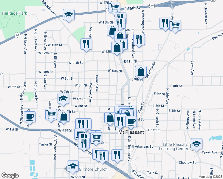 map of restaurants, bars, coffee shops, grocery stores, and more near 316 West 7th Street in Mount Pleasant